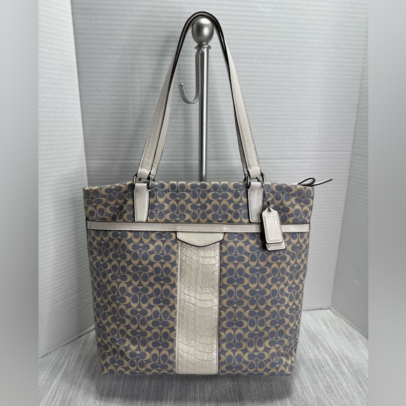 Coach shoulder, handbag, blue and tan with white trim, completely clean 10”X 13” - Picture 1 of 13